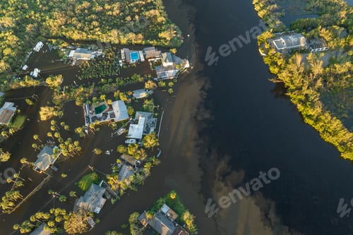 Preview: Heavy flood with high water surrounding residential houses after hurricane Ian rainfall