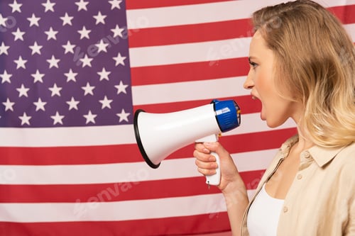 Preview: Young woman screaming in loudspeaker with american flag at background