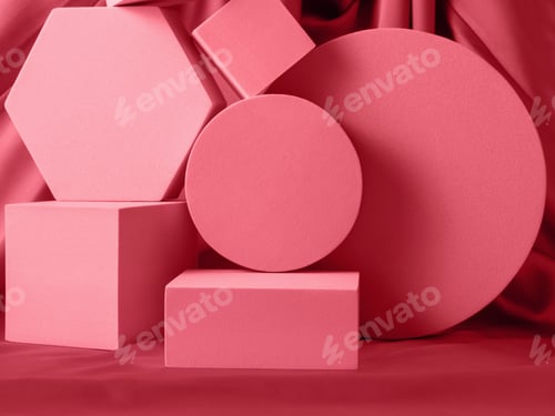 Preview: Geometric shapes pink coral stand podium mockup for product display on silk background