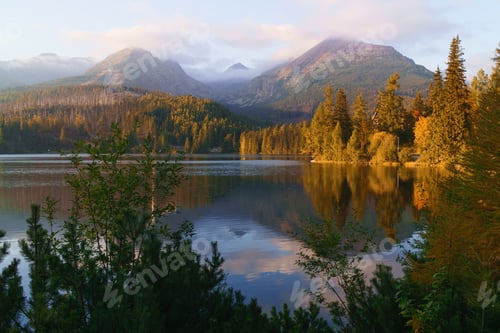Preview: Mountains lake Strbske Pleso in National Park High Tatras, Slovakia. Ski resort, autumn time.