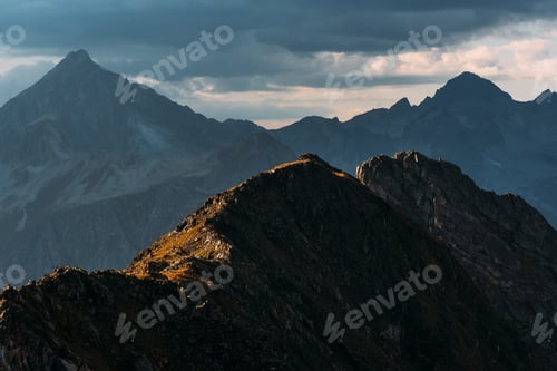 Preview: Autumn mountains. Incredibly beautiful mountain landscape. Mountain peaks in the sun