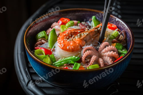 Preview: Spicy seafood noodle with prawn and octopus. Classic seafood noodle.