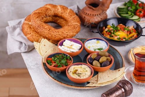 Preview: Traditional Turkish breakfast with meze and simit