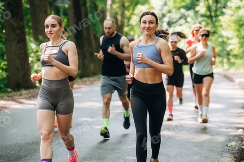 Preview: Marathon conception, front view. Group of runners are together outdoors