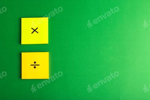 Preview: front view different signs on colored stickers on the green background math color science