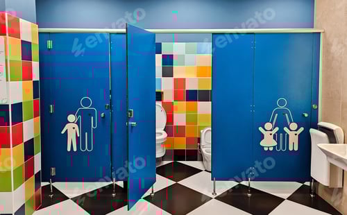 Preview: Shared family bright restroom in airport, mall. Unisex WC for mom, dad,little girl boy,child kid.