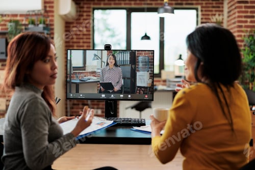Preview: Businesswomen attending hiring videocall meeting conference