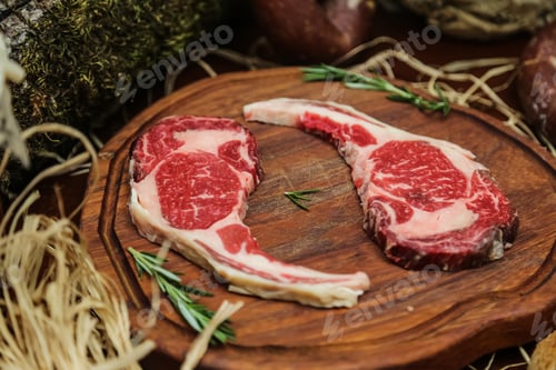 Preview: raw steak on the wooden board rosemary side view