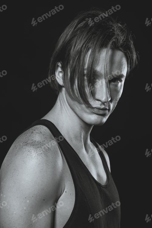 Preview: Black And White Photography. Model. A Young Guy In A Black Shirt And Jeans