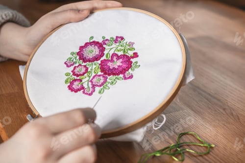 Preview: Embroidery pattern flowers to houses. Handicraft Hobbies, relaxation, meditation, mental health