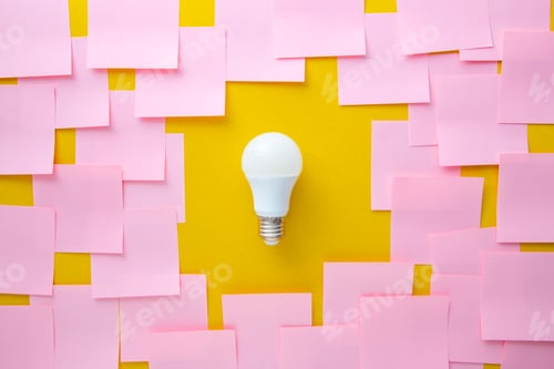 Preview: Inspiration and creative idea concept. Light bulb on yellow background.