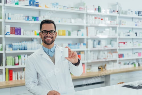 Preview: Portrait of a handsome pharmacist working in a pharmacy