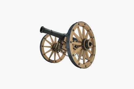 Visualização: Canhão de madeira com rodas e correntes raiadas