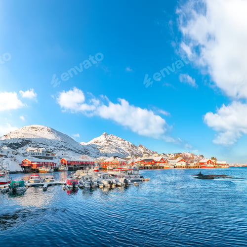 Preview: Captivating snowy morning cityscape of Sorvagen town and port.