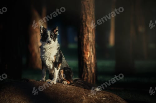 Preview: Happy Border Collie Dog Enjoying Nature Walk amidst Lush Greenery and Trees.