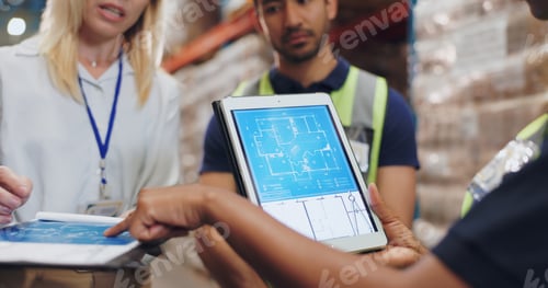 Preview: People, architect and tablet for blueprint in logistics warehouse for building, design or expansion