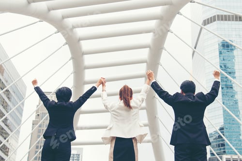 Preview: Team leadership business people walking together city life. Group of business team leader power