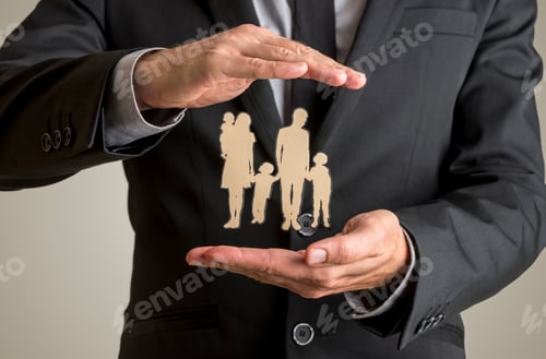 Preview: Businessman protecting family silhouette with a father mother baby and two children