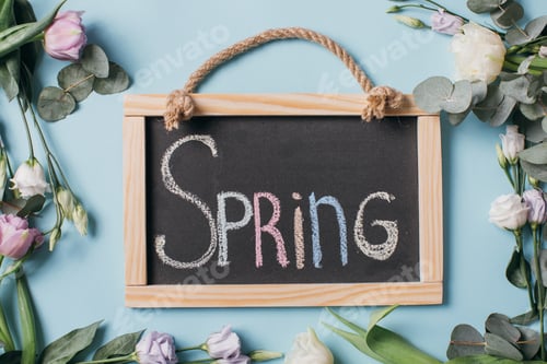 Preview: Mother's Day Composition: Eustoma, eucalyptus, tulips, and blackboard with inscription spring