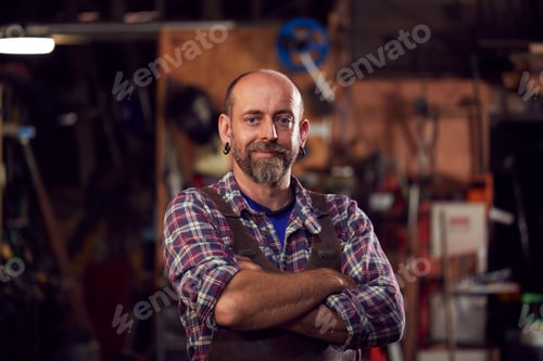 Preview: Portrait Of Mature Male Blacksmith Standing In Forge With Folded Arms