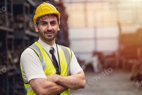 Preview: Portrait Hispanic Latin male engineer worker factory staff standing smile looking camera with space