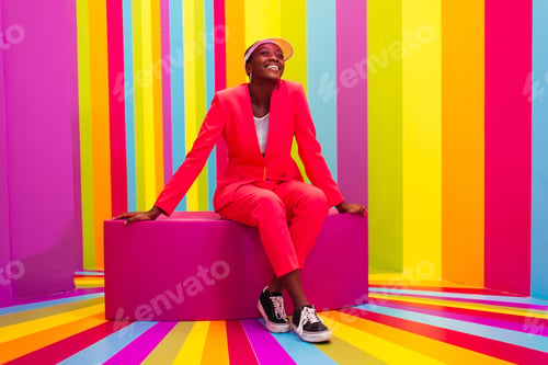 Preview: Beautiful young woman dancing and having fun inside a rainbow box room