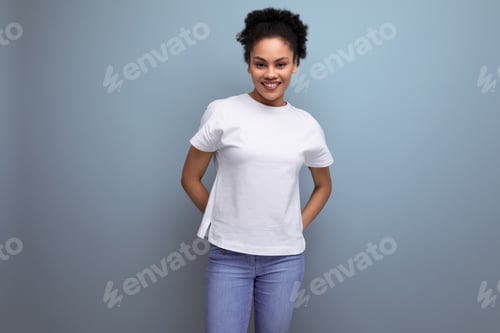 Preview: young hispanic brunette woman dressed in white t-shirt with printable template