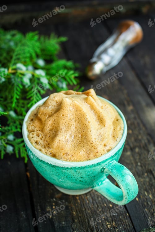 Preview: Coffee Hot Foam Cocoa Cup Or Hot Chocolate Twigs Spruce On The Table New Year Mood Menu Serving