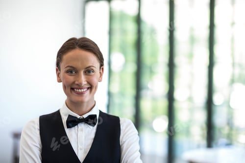 Preview: Female server smiling and standing in restaurant lobby wearing white shirt black vest bow tie