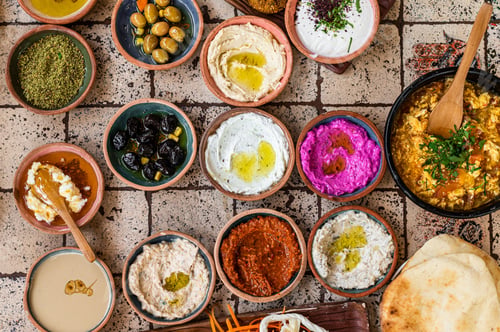 Preview: Turkish Village breakfast table served in a restaurant. Top view