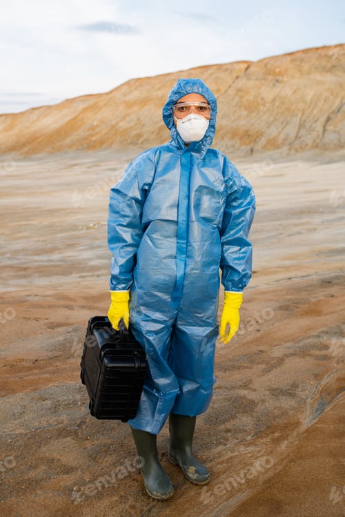 Preview: Young researcher in protective workwear holding case with samples while standing on polluted soil