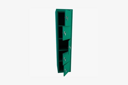 Preview: Metal cabinet with open door and perforated shelves