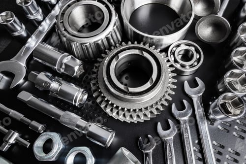Preview: Various metallic tools and mechanical components arranged neatly on a black surface for mechanical