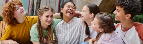 Preview: banner, happy african american woman hugging with teenage students, diversity, teacher, smile