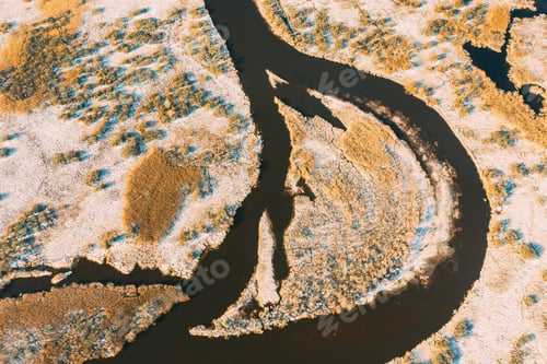 Preview: Belarus. Aerial View Of Small Island And Curved River Landscape In Early Spring Day. High Attitude
