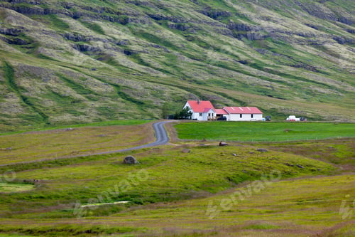 Preview: Icelandic Nature Landscape with Mountains and Dwellings
