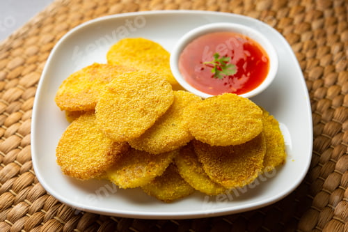 Preview: crispy potato rava fried slices or batatyache kaap or batata semolina fry snacks from India