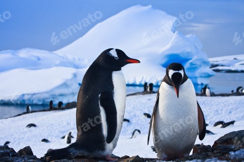 Penguins Standing on Rocky Shore with Snowy Background