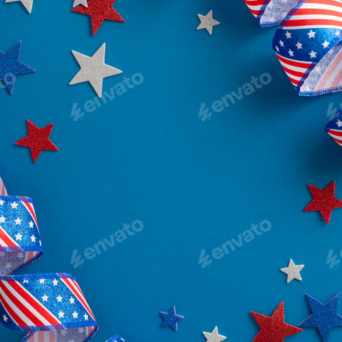 Preview: Theme reminiscent of Independence Day in the United States. Square top view of symbolic party