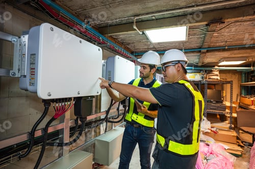 Preview: Service Engineer working inspection installation inverter solar cell.