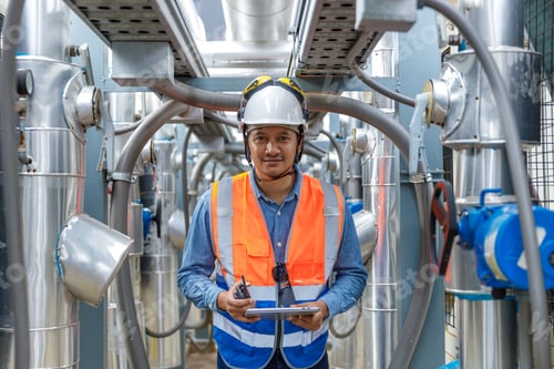 Preview: Male operator worker using tablet checking write record quality cooling air piping HVAC