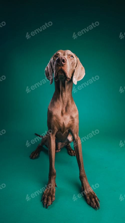 Preview: Weimaraner dog sitting attentively looking up