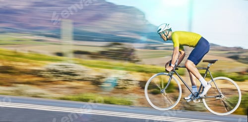Preview: Fast, fitness and a man cycling on the road for cardio, sports or marathon training on a bike. Focu