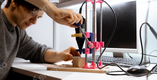 Preview: a close up male engineer working in the laboratory, drilling the electric details and components