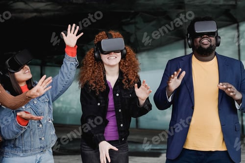 Preview: Metaverse futuristic entertainment: Young multiracial people having fun with virtual reality glass