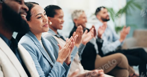 Preview: Business people, woman and team applause in conference, tradeshow and support feedback of success.