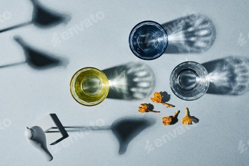 Preview: Flatlay of several glasses with water, group of dry flowers and bird souvenir