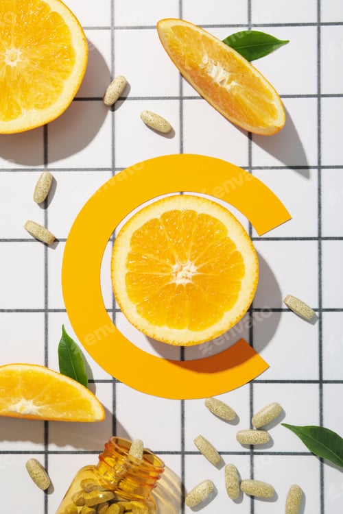 Preview: Bio-supplement vitamin C, in tablets on a light background.