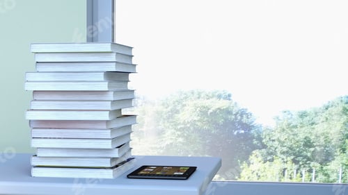 Preview: E-reader and stack of book lying on a table in front of a window, 3D Rendering