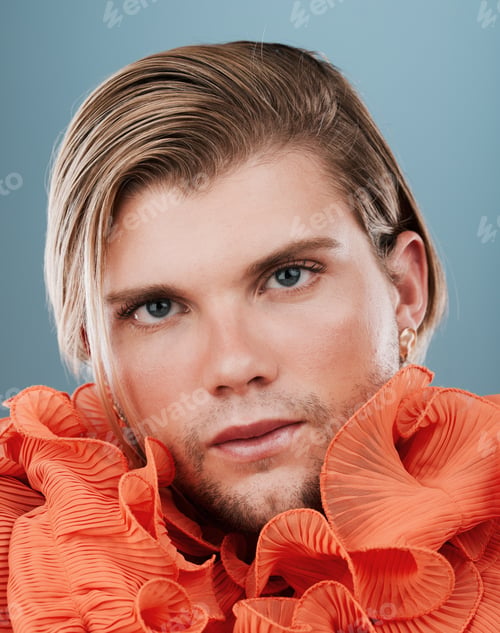Preview: Beauty, lgbtq and face of a man with fashion for self expression, non binary identity and creative